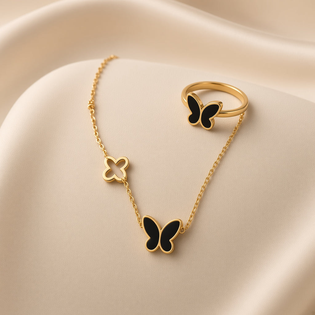 Black Butterfly ring bracelet Anja ( Premium high-grade stainless steel with golden plating )