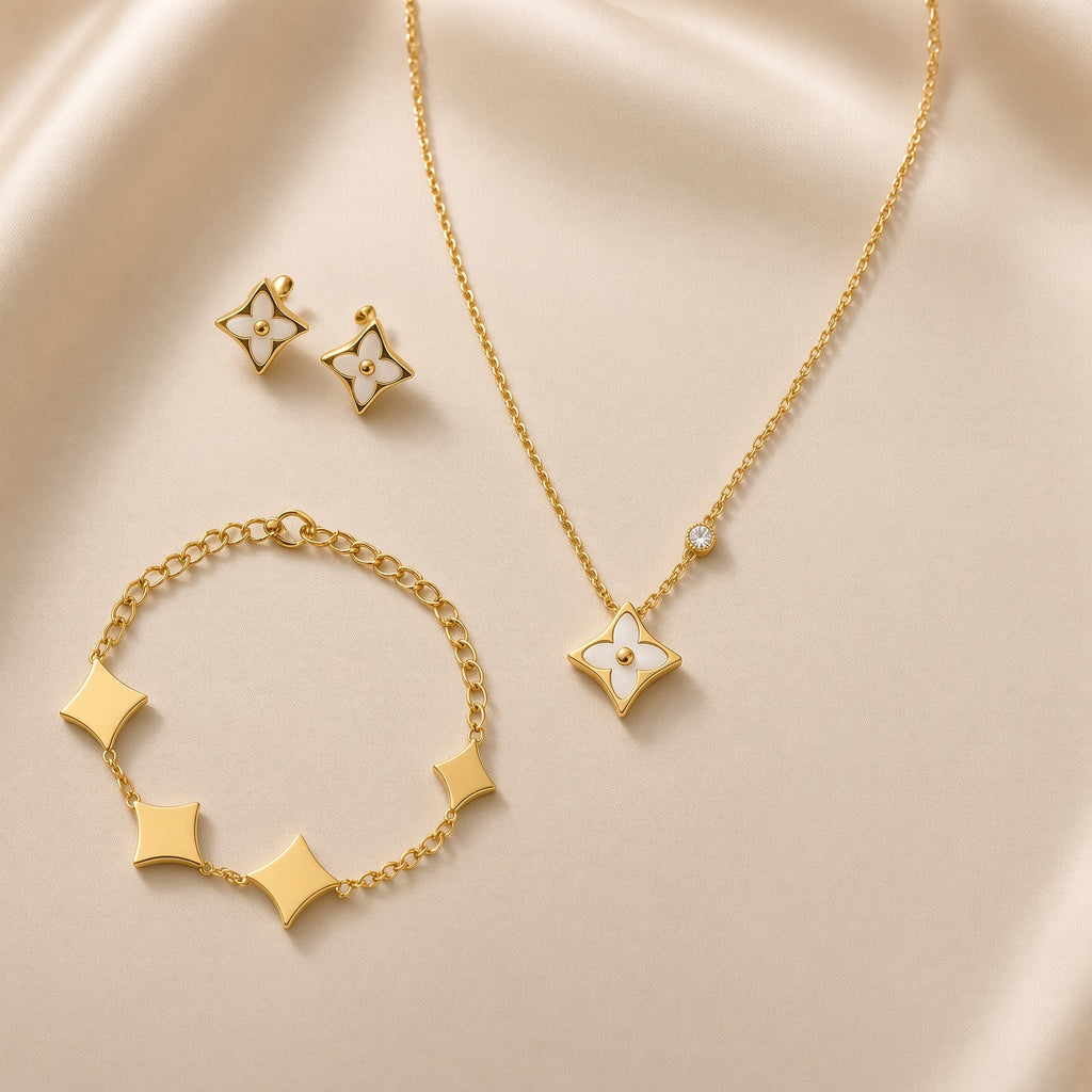 Quatrefoil Glow Set (necklace + bracelet + earrings) ( Premium high-grade stainless steel with golden plating )