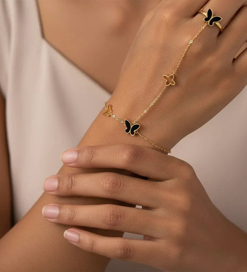 Black Butterfly ring bracelet Anja ( Premium high-grade stainless steel with golden plating )