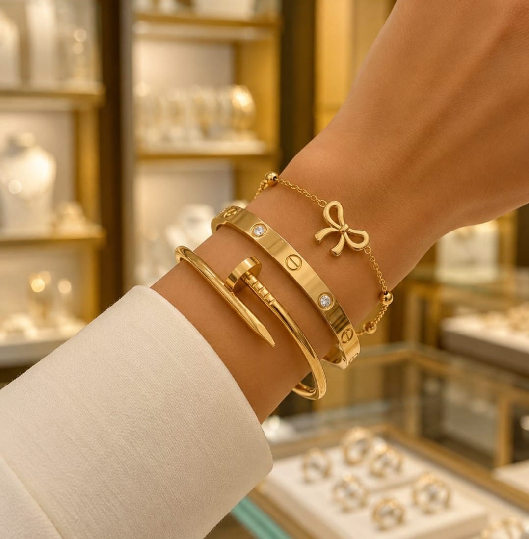 3 piece bracelet Set ( Premium high-grade stainless steel with golden plating )