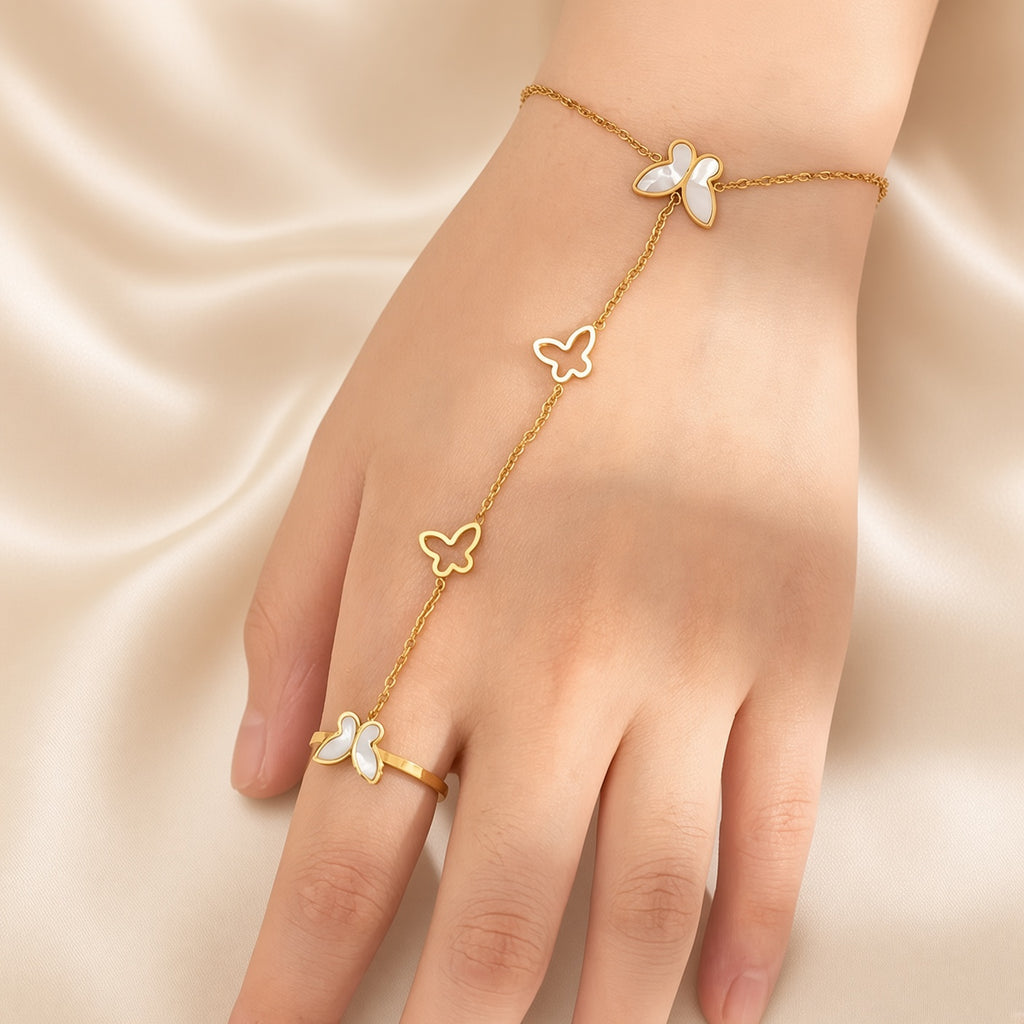 White Butterfly ring bracelet ( Premium high-grade stainless steel with golden plating )